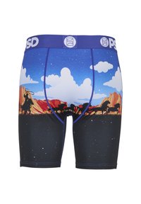 Bokserki z niebieskim paskiem w talii oraz nadrukiem kowboja i galopujących koni na tle zachodu słońca. Dolna część w kolorze czarnym.