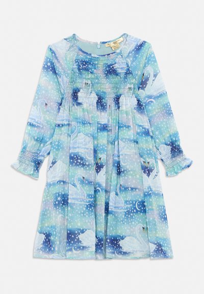 Rochie pentru copii bleu deschis cu mâneci lungi, cu corset strâns și model cu lebădă, stea și lună.