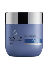 Blauer Kunststoffbehälter mit einem silbernen Deckel, beschriftet mit "System Professional Smoothen Mask", enthalten 200 ml des Produkts. Enthält das LipidCode™-Logo.
