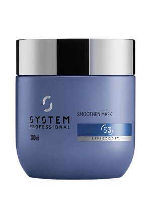 Blauer Kunststoffbehälter mit einem silbernen Deckel, beschriftet mit "System Professional Smoothen Mask", enthalten 200 ml des Produkts. Enthält das LipidCode™-Logo.