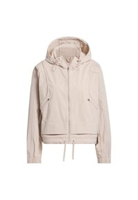 Ljusbeige huva jacka gjord av slät tyg, med dragkedja fram, sidofickor och elastiska mudd. Har dragsko vid nederdelen.