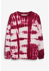 Top a maniche lunghe in tie-dye bordeaux e bianco. Presenta un collo rotondo, polsini a costine e un motivo testurizzato con diverse intensità di tintura.