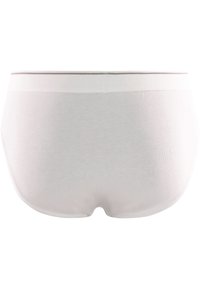 Hvide bomuldsunderbukser med en glat tekstur, der har et enkelt design og en blød, elastisk talje i en kontrastfarve.