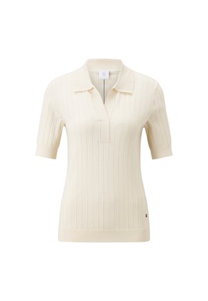 Cremfarbener, gerippter Poloshirt-Pullover mit kurzen Ärmeln, umgeschlagenem Kragen und Knopfleiste. Hat ein tailliertes Design und ein dezentes Logo am Saum.