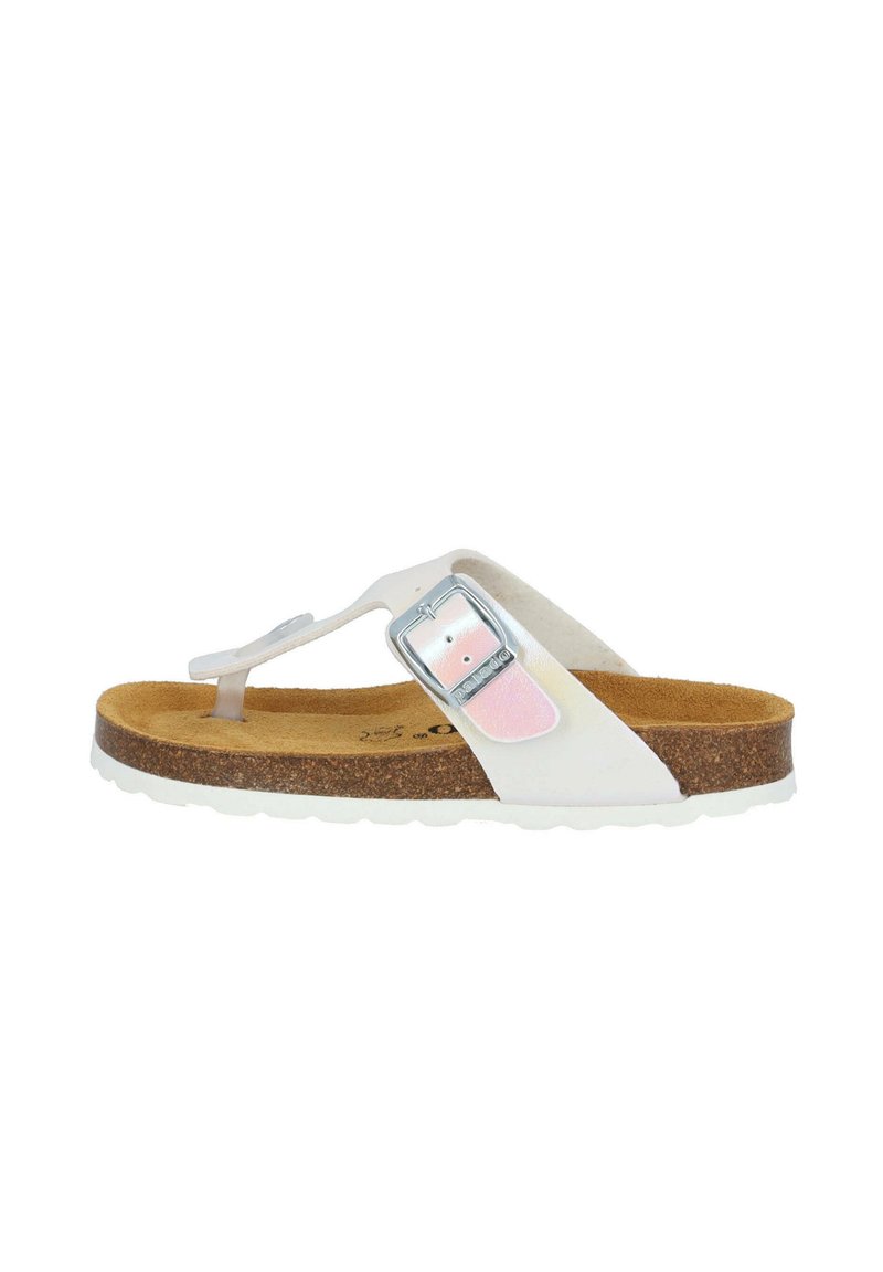 White thong sandal with a silver buckle accent. Cork footbed and textured rubber outsole. Smooth synthetic upper with minimal design elements.