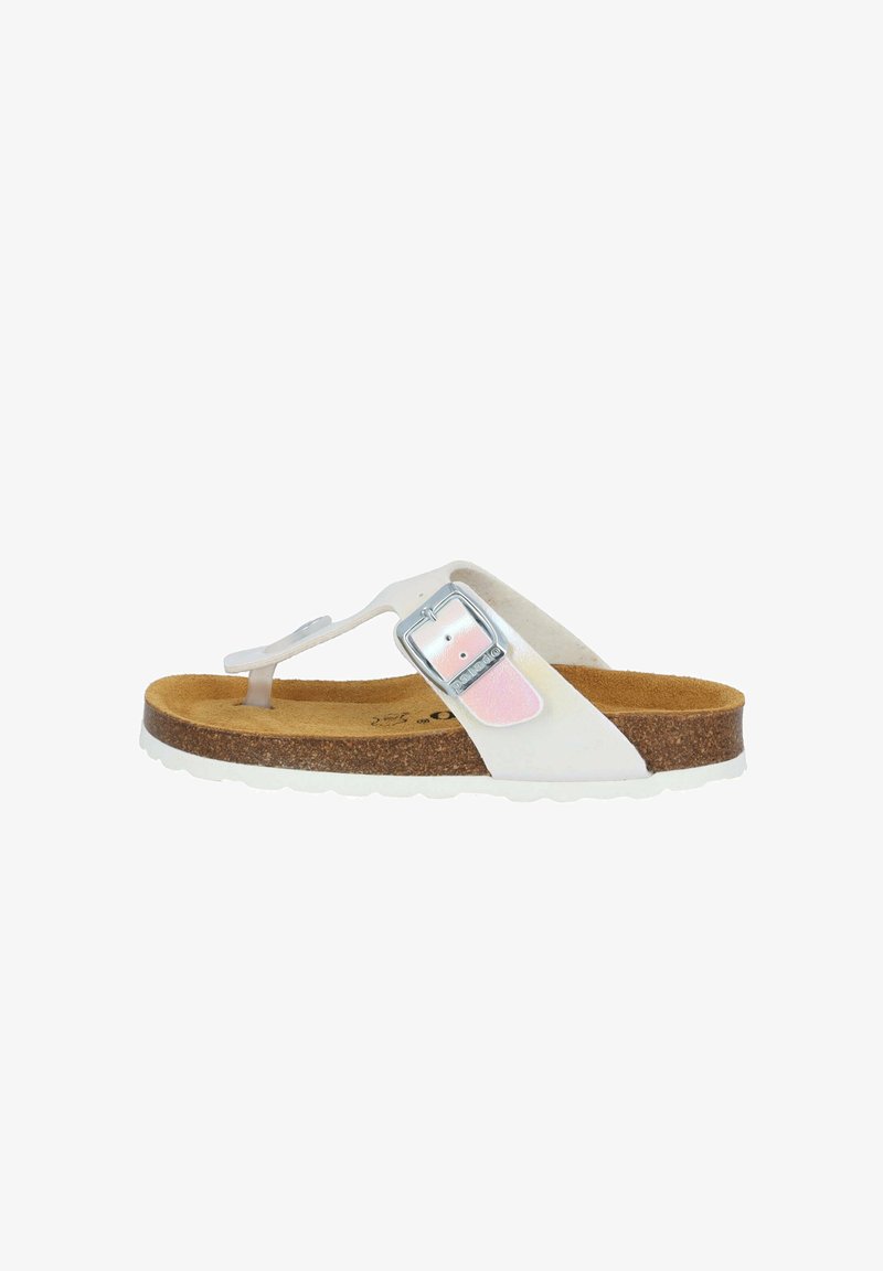White thong sandal with a silver buckle accent. Cork footbed and textured rubber outsole. Smooth synthetic upper with minimal design elements.