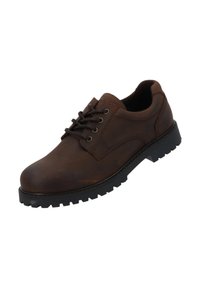 Scarpa stringata in pelle marrone con punta arrotondata, suola spessa in gomma nera e dettagli di cucitura sottili, caratterizzata da una finitura liscia e strutturata.