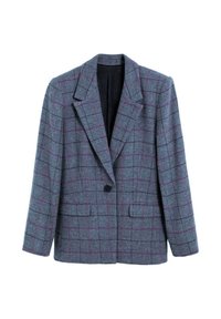 Blazer de cuadros gris con solapa de muesca, cierre de un solo botón, dos bolsillos frontales y sutiles líneas de acento morado a lo largo.