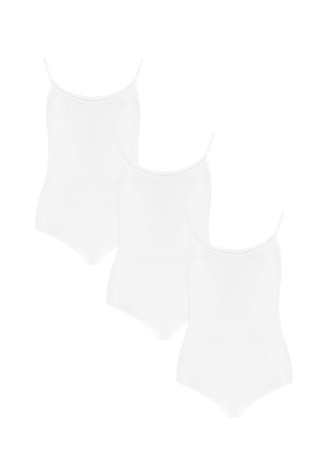 Tre body a canottiera bianchi con spalline sottili, una texture liscia e un design aderente. Ogni pezzo presenta un collo rotondo.