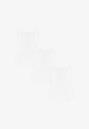 Trois bodysuits blancs à bretelles spaghetti, avec une texture lisse et une coupe ajustée. Chaque pièce possède un col rond.
