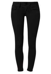 Jeans ajustados negros hechos de una tela elástica, que cuentan con un diseño clásico de cinco bolsillos, cierre de botón y detalles minimalistas.