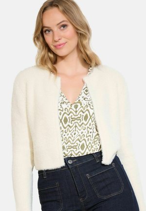 Ivory cropped cardigan with soft, fuzzy texture, open front, and long sleeves, paired with a patterned v-neck top and dark jeans.
