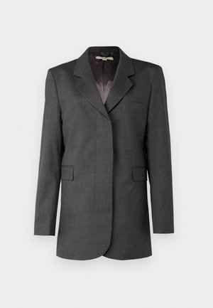 Pilkas švarkas, pagamintas iš tekstūruoto audinio, su iškirpte, viena kišene ir dviem priekinėmis atvartinėmis kišenėmis, tiesaus kirpimo.