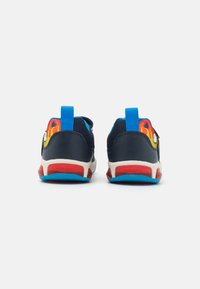 Navy blue mesh-back shoes with a flame design on sides, blue accents, and a red outsole. Features a pull tab for easy wear.