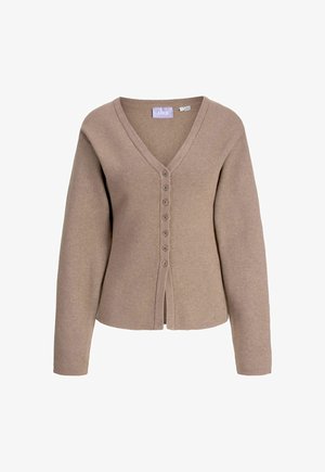 V-izrez kavčuka pulover s pletenim vzorcem, dolgimi rokavi in sedmimi gumbi spredaj, prikazan na belem ozadju.