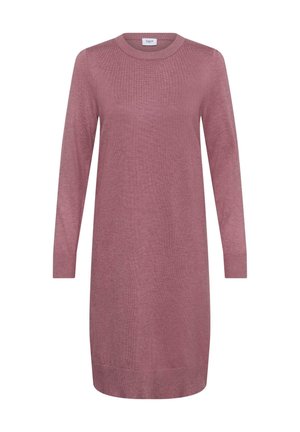 Jasnoróżowa sukienka sweterkowa z długimi rękawami, okrągłym dekoltem i prążkowanymi mankietami. Wykonana z miękkiej, lekkiej dzianiny. Minimalistyczny design.