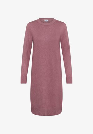 Világos rózsaszín, hosszú ujjú pulóverruha, kerek nyakkal és bordázott mandzsettákkal. Puha, könnyű kötött anyagból készült. Minimalista dizájn.