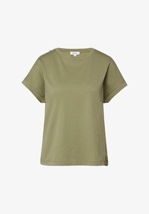 Kurzärmeliges olivgrünes Baumwoll-T-Shirt mit Rundhalsausschnitt und kleinem seitlichem Spitzen-Detail.
