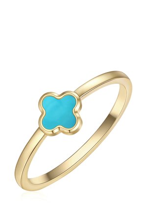 Anneau en or à bande fine ornée d'une petite pierre turquoise à quatre lobes, sertie dans un chaton en or au centre.