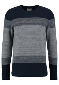 Mans långärmad stickad tröja med horisontella gradientrandar i marinblått och grå nyanser, rundad hals.