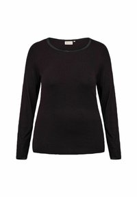 Svart långärmad topp i mjukt tyg, med rund halsringning som har en kontrasterande grå kant och en figurnära silhuett.