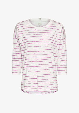 Witte langemouwen top met horizontale roze strepen, ronde hals en een relaxte pasvorm; heeft schouderuitsnijdingen en een gebogen zoom.
