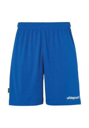 Blue sports shorts made of lightweight fabric. Features an elastic waistband and white "uhlsport" logo on the lower right side.