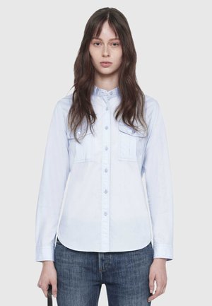 Young woman with long brown hair wearing a light blue button-up shirt and blue jeans, standing against a plain gray background.