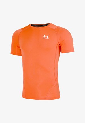 Short-sleeve orange athletic shirt made of moisture-wicking fabric, featuring a round neckline and fitted design with logo detail.