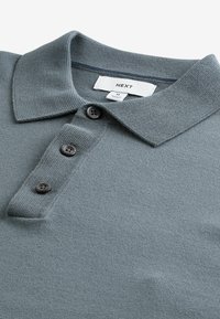 Graues Polohemd mit Kragen, drei schwarzen Knöpfen und strukturiertem Stoff. Etikett liest "NEXT", Größe M.