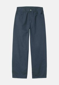 Pantalones rectos de un color gris oscuro, confeccionados en algodón, que cuentan con un cierre de botón, bolsillos frontales y un diseño minimalista con costuras visibles.
