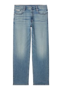 Ανοιχτό μπλε τζιν με ίσια γραμμή και πέντε τσέπες, με ξεθωριασμένες λεπτομέρειες στους μηρούς, με μικρό λογότυπο Calvin Klein στην μπροστινή τσέπη.