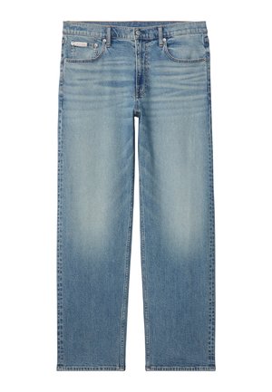 Ανοιχτό μπλε τζιν με ίσια γραμμή και πέντε τσέπες, με ξεθωριασμένες λεπτομέρειες στους μηρούς, με μικρό λογότυπο Calvin Klein στην μπροστινή τσέπη.