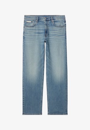 Light blue straight-leg denim jeans with five pockets and faded detailing on thighs, featuring a small Calvin Klein logo on the front pocket.