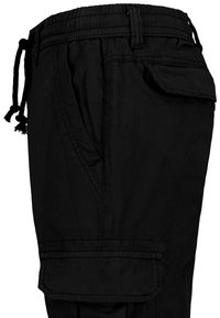 Schwarze Cargo-Hosen aus Baumwolle mit einem elastischen Bund mit Kordelzug, seitlichen Taschen und einer auffälligen großen Oberschenkel-Tasche.