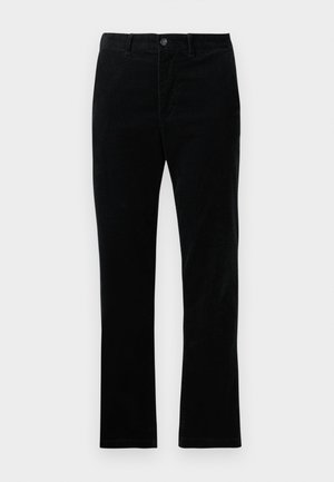 Black straight-leg corduroy trousers with front button and belt loops, shown flat against a white background.