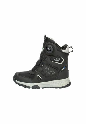 Black and gray high-top outdoor boot with a rugged sole, pull tab, and dial lace closure system on white background.