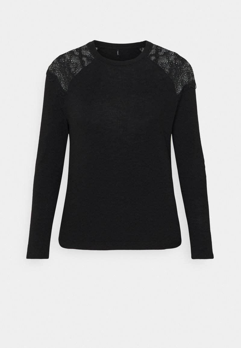 Czarny longsleeve z długim rękawem, zdobiony koronką na ramionach, okrągłym dekoltem i miękkiego materiału, o dopasowanym kroju.
