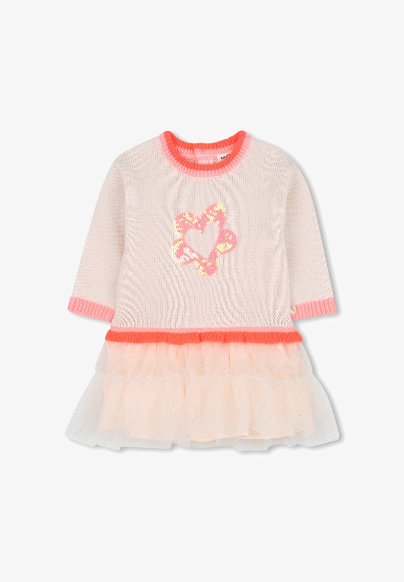 Vestido de malha em rosa claro com um design de flor em lantejoulas. Apresenta um colarinho canelado em rosa forte e uma saia em camadas de tule em pêssego pálido.