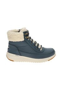 Blauwe leren enkelboot met een kraag van nep-bont, zilveren oogjes en een witte gevoerde zool. Aan de zijkant is er een perforatiedetail en een geperst logo.