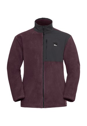 Fleece jacket with maroon body and black upper panel. Features a high collar, full-length zipper, and a zippered chest pocket.