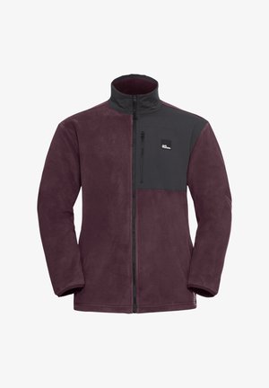 Fleece jacket with maroon body and black upper panel. Features a high collar, full-length zipper, and a zippered chest pocket.