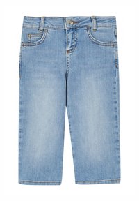 Shorts in denim azzurro con taglio dritto, cinque tasche, chiusura con bottone e cuciture a contrasto. Texture liscia con design classico.