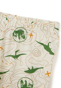 Beige shorts met een rekbare tailleband, versierd met een dinosaurussenprint in groen en oranje, tegen een golvend, topografisch patroon.