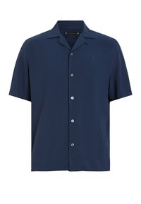 Marineblauwe T-shirt met korte mouwen, gemaakt van lichtgewicht stof, met een kraag, een knoopsluiting aan de voorkant en een klein geborduurd logo op de borst.