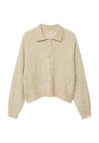 Maglione corto beige con colletto, caratterizzato da un motivo a maglia testurizzato e strisce orizzontali azzurre. Include una chiusura con quattro bottoni.