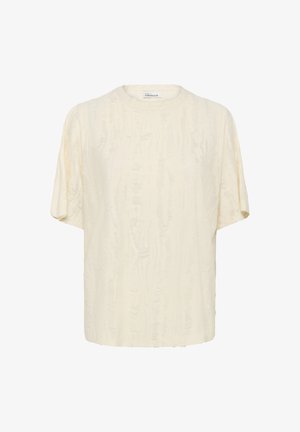 Cremefarbener Kurzarm-Top mit einem strukturierten, geschichteten Muster und einem runden Ausschnitt. Verfügt über einen lässigen Schnitt und ein weiches Material.