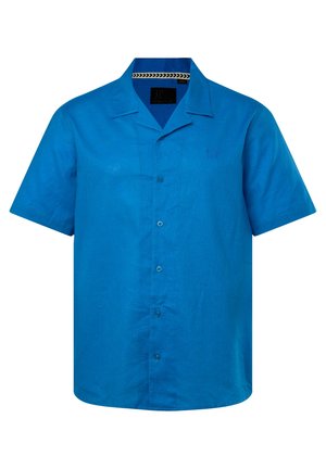 Košile na knoflíky s krátkým rukávem v jasně modrém lnu, s límcem typu camp a jemně vyšitým logem na levé straně.