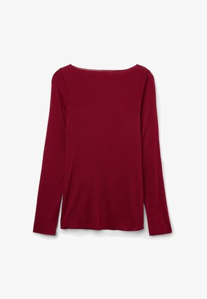Burgundy long-sleeve top with a rounded neckline, soft texture, and a loose fit. No visible seams or embellishments.