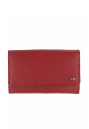 Portefeuille en cuir rouge avec design plié et petit emblème argenté en bas à droite, présenté fermé sur fond blanc.